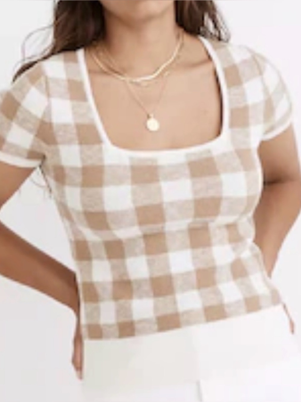 NWT Madewell  Tan Cream Gingham Square-Neck short sleeve Sweater Top. XXS